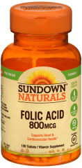 FOLIC ACID 800MCG TABLET 100CT SUNDWN