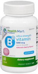 Health Mart Vitamin B12 5000 mcg Dietary Supplement Tablets Ultra Strength Natural Cherry Flavor